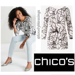 Floral Tunic Top All Season Knit Sweater Round Neck Pullover Black Gray White